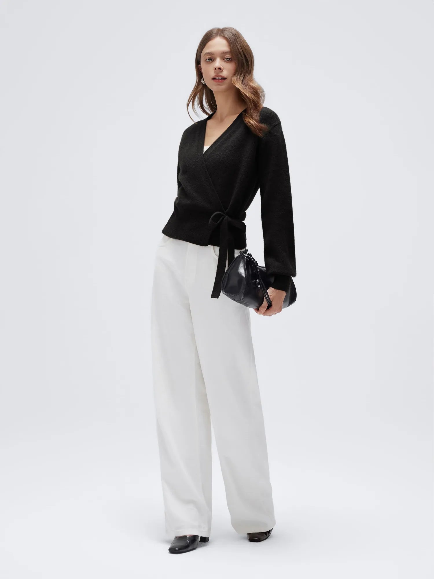 Wool V Neck Tie Waist Sweater - Long Sleeve-SUUKSESS-SUUKSESS