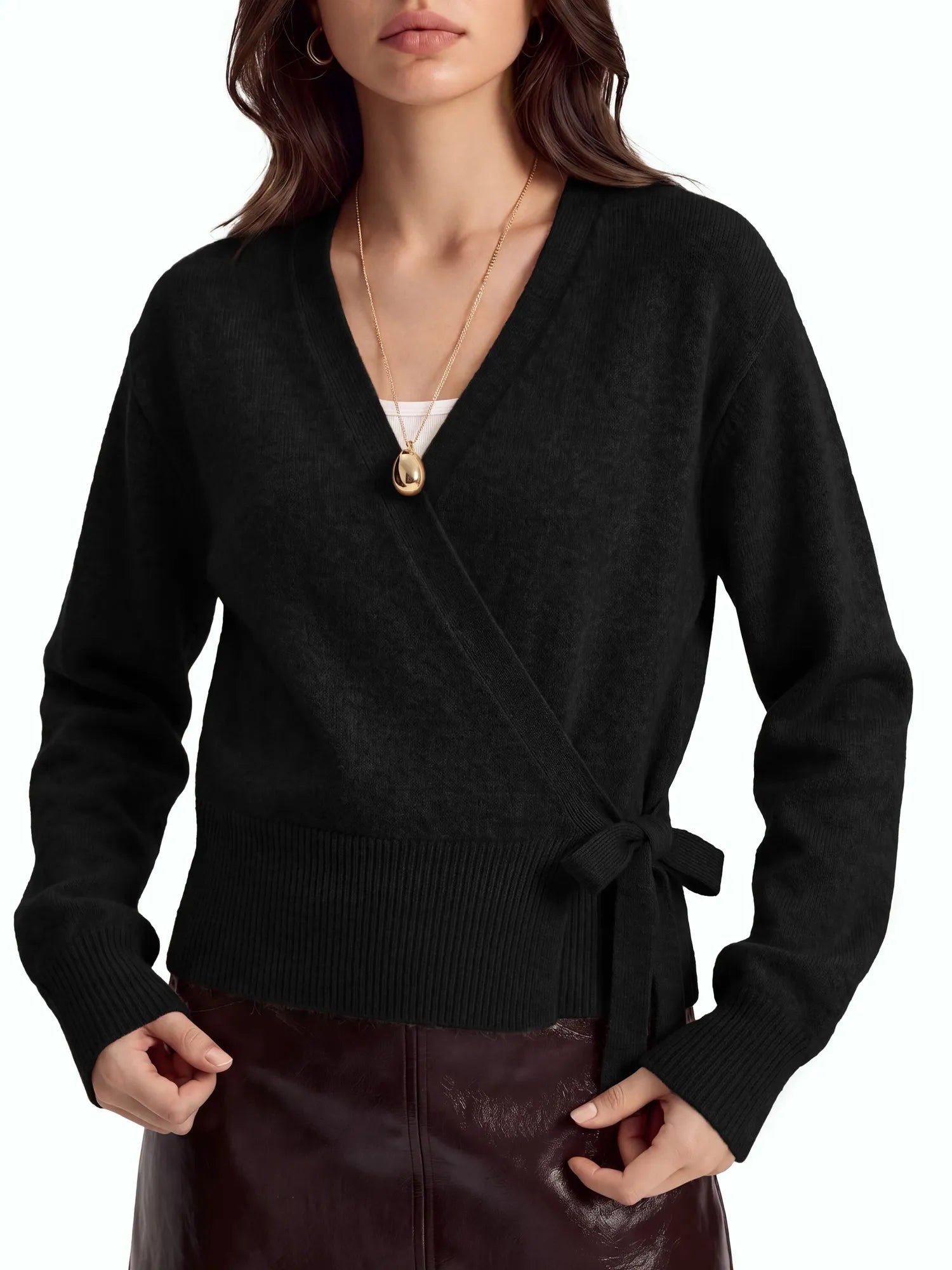 Wool V Neck Tie Waist Sweater - Long Sleeve-SUUKSESS-SUUKSESS
