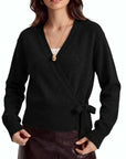 Wool V Neck Tie Waist Sweater - Long Sleeve-SUUKSESS-SUUKSESS