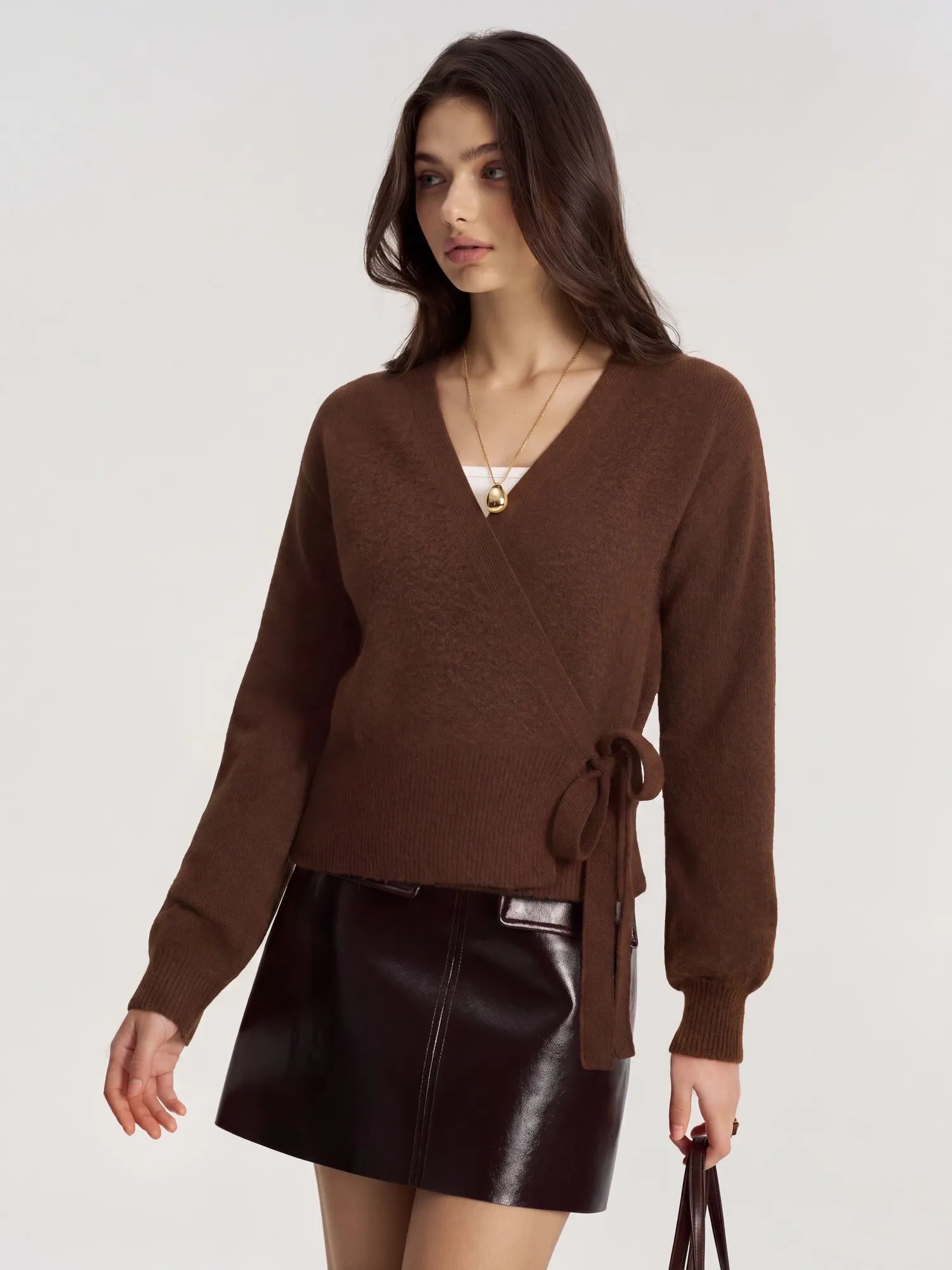 Wool V Neck Tie Waist Sweater - Long Sleeve-SUUKSESS-SUUKSESS