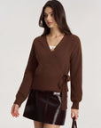 Wool V Neck Tie Waist Sweater - Long Sleeve-SUUKSESS-SUUKSESS