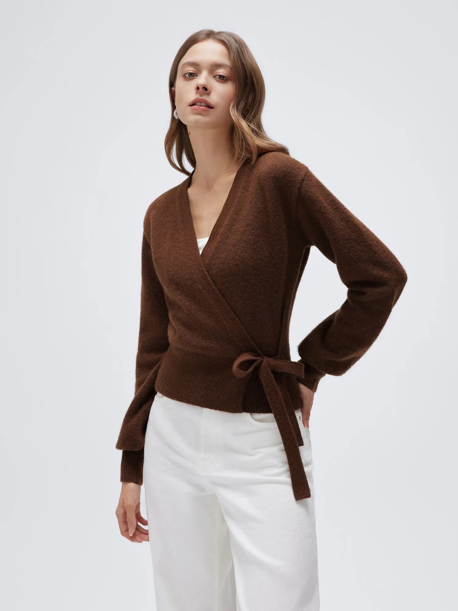 Wool V Neck Tie Waist Sweater - Long Sleeve-SUUKSESS-SUUKSESS
