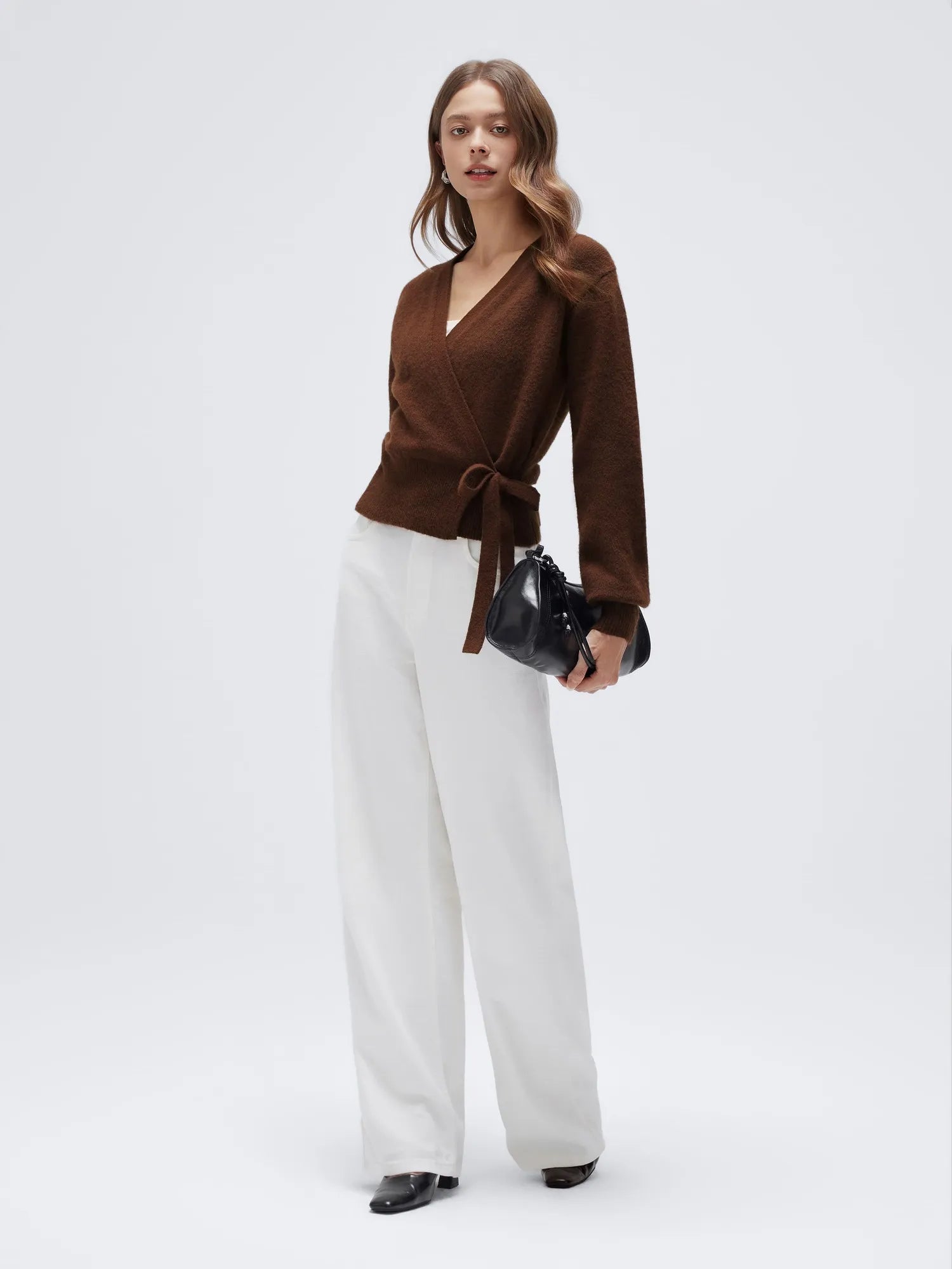 Wool V Neck Tie Waist Sweater - Long Sleeve-SUUKSESS-SUUKSESS