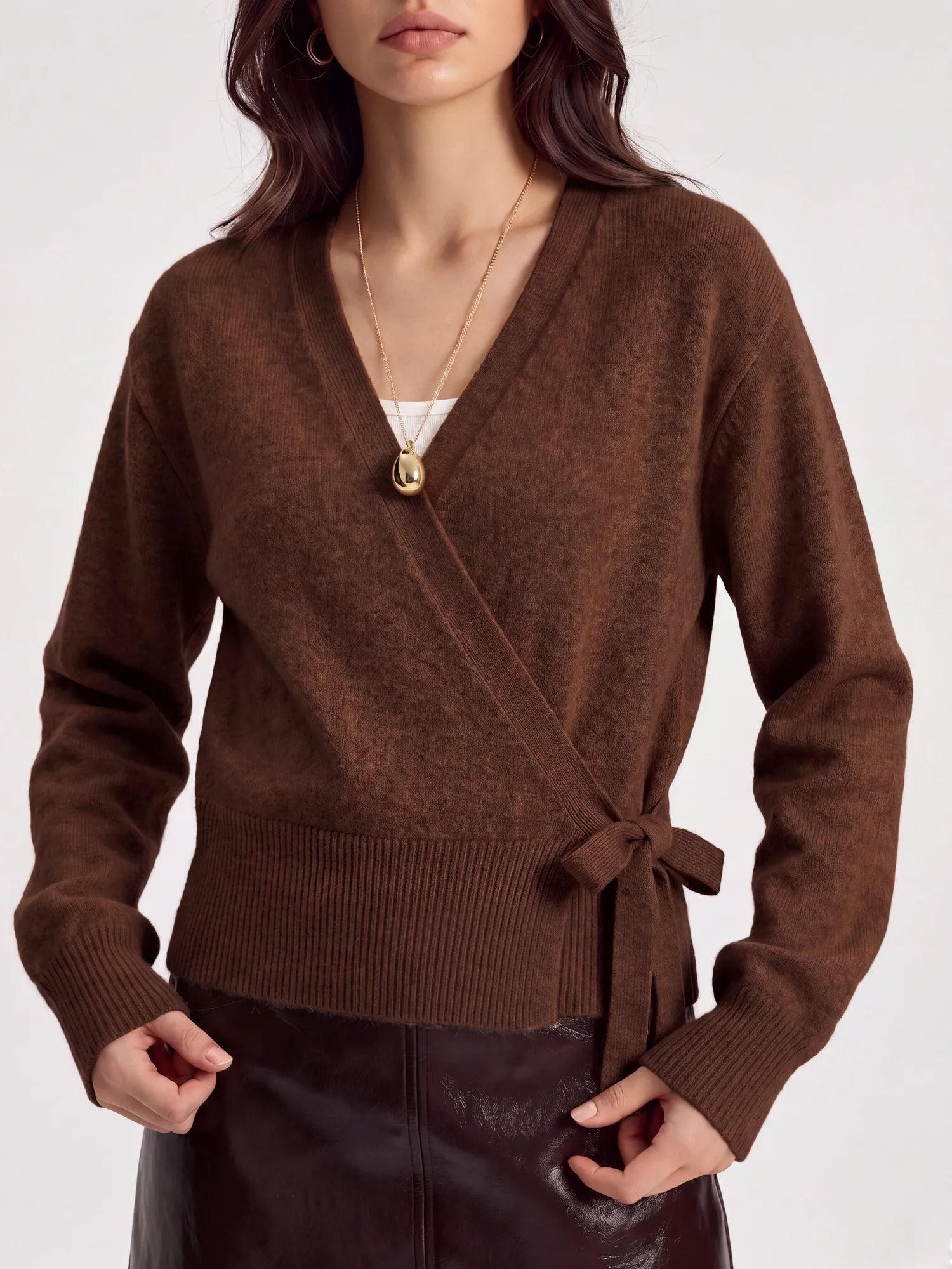 Wool V Neck Tie Waist Sweater - Long Sleeve-SUUKSESS-SUUKSESS