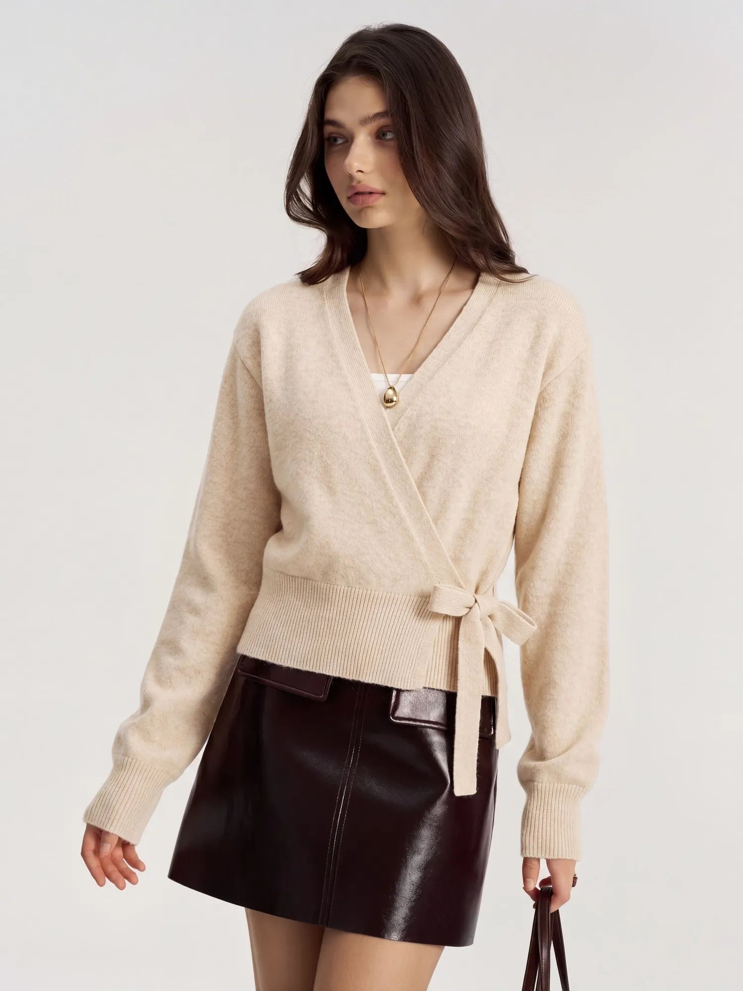 Wool V Neck Tie Waist Sweater - Long Sleeve-SUUKSESS-Oatmeal-XS-SUUKSESS