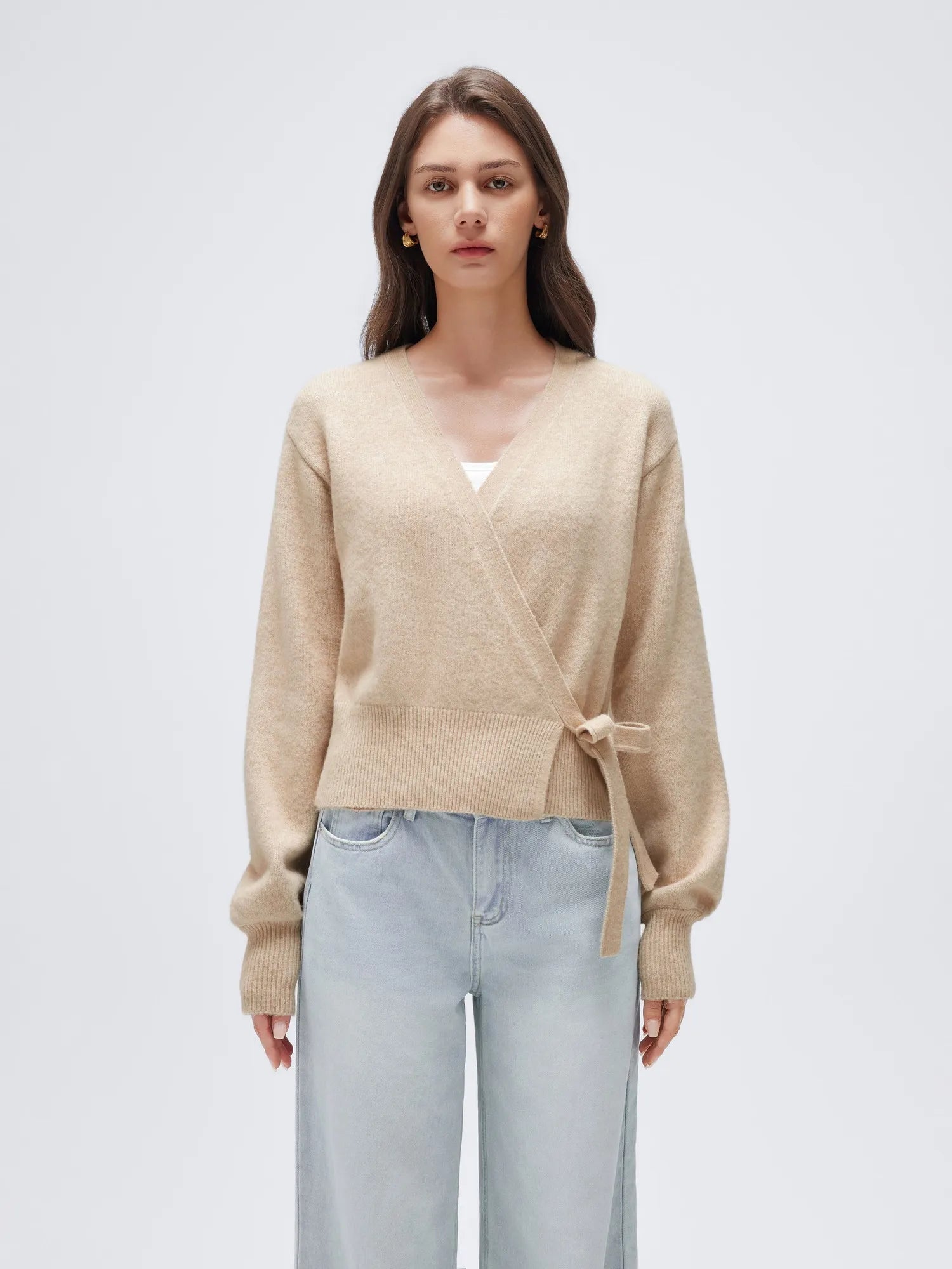 Wool V Neck Tie Waist Sweater - Long Sleeve-SUUKSESS-SUUKSESS