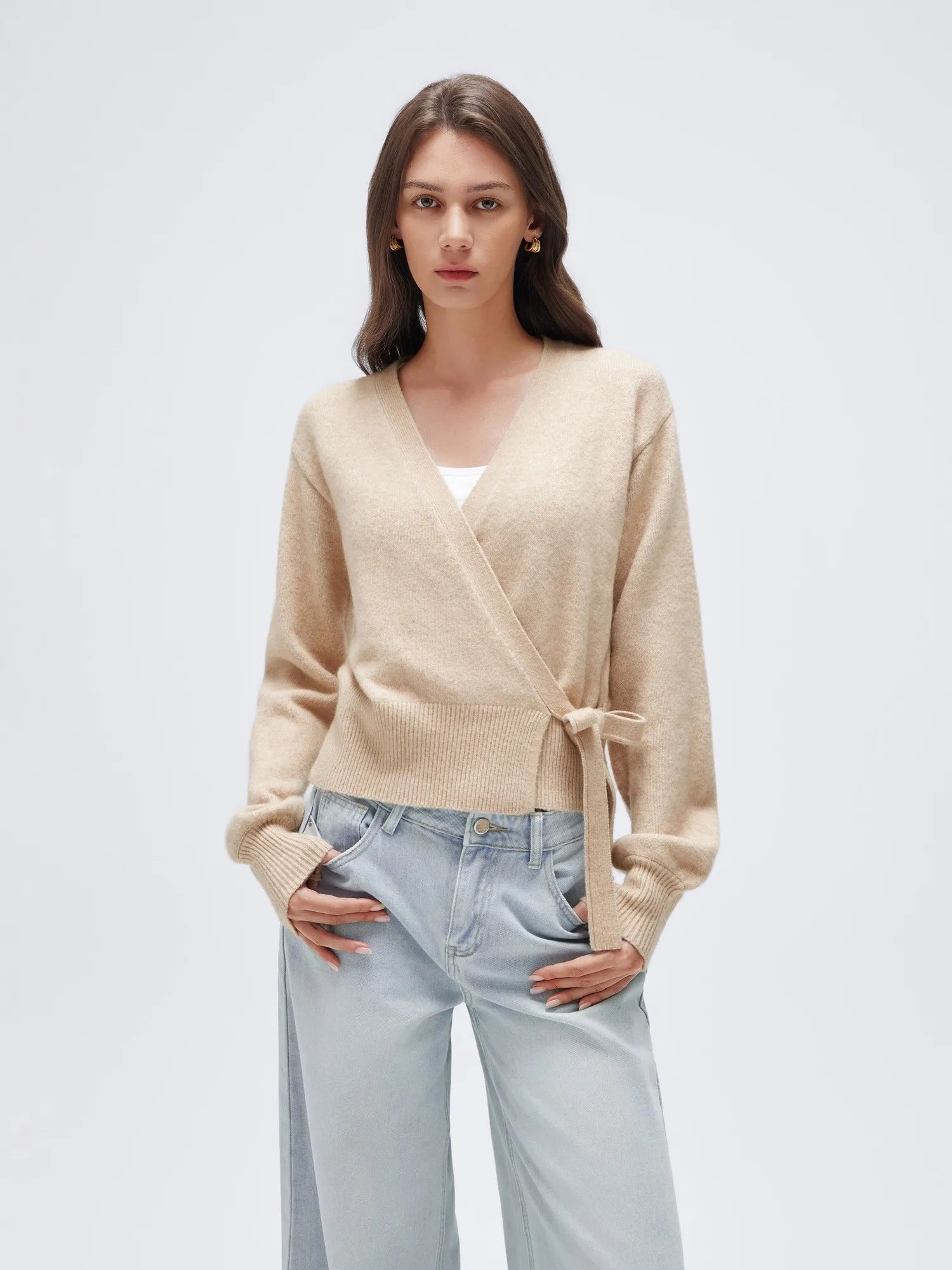Wool V Neck Tie Waist Sweater - Long Sleeve-SUUKSESS-SUUKSESS