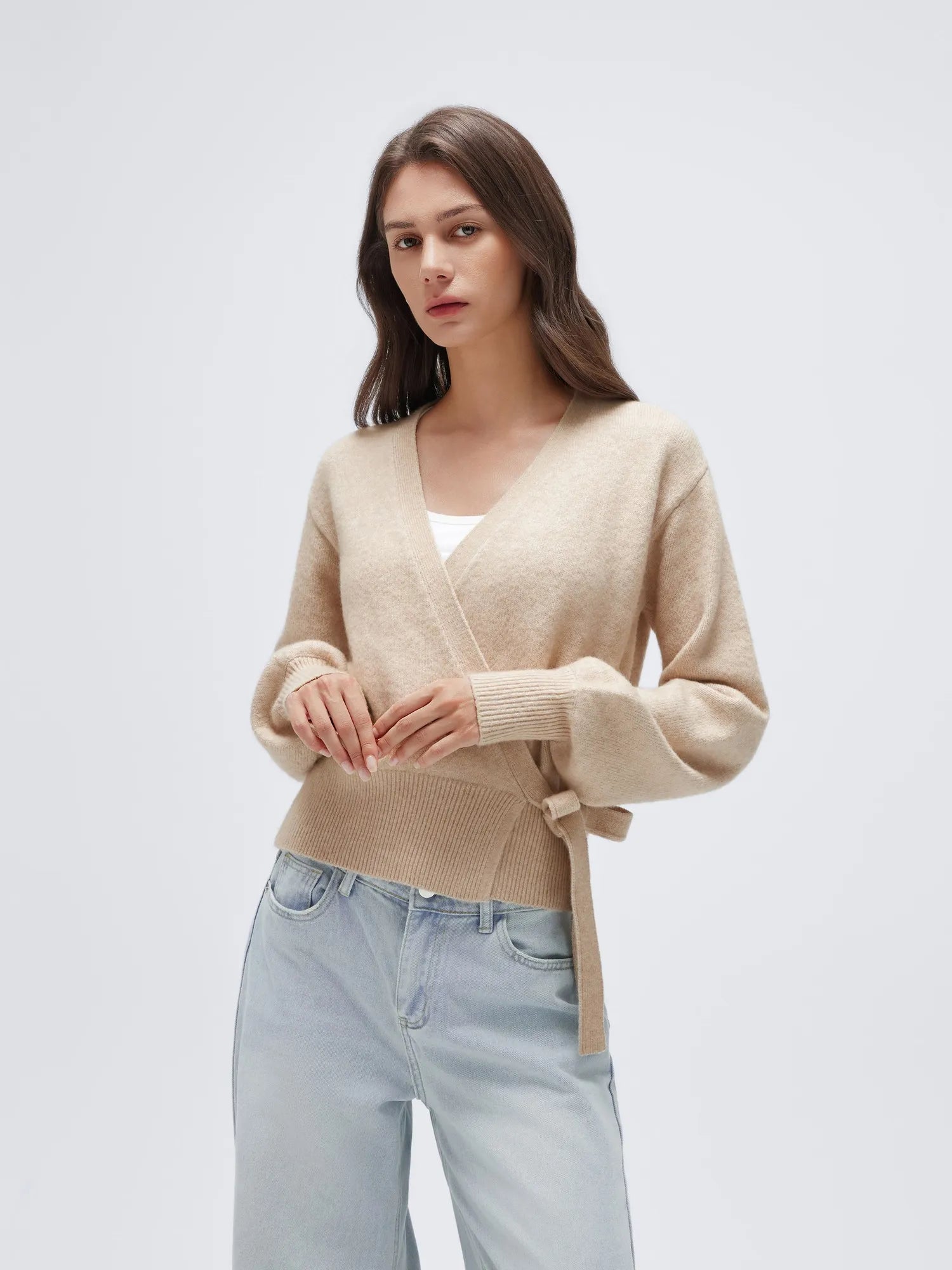 Wool V Neck Tie Waist Sweater - Long Sleeve-SUUKSESS-SUUKSESS