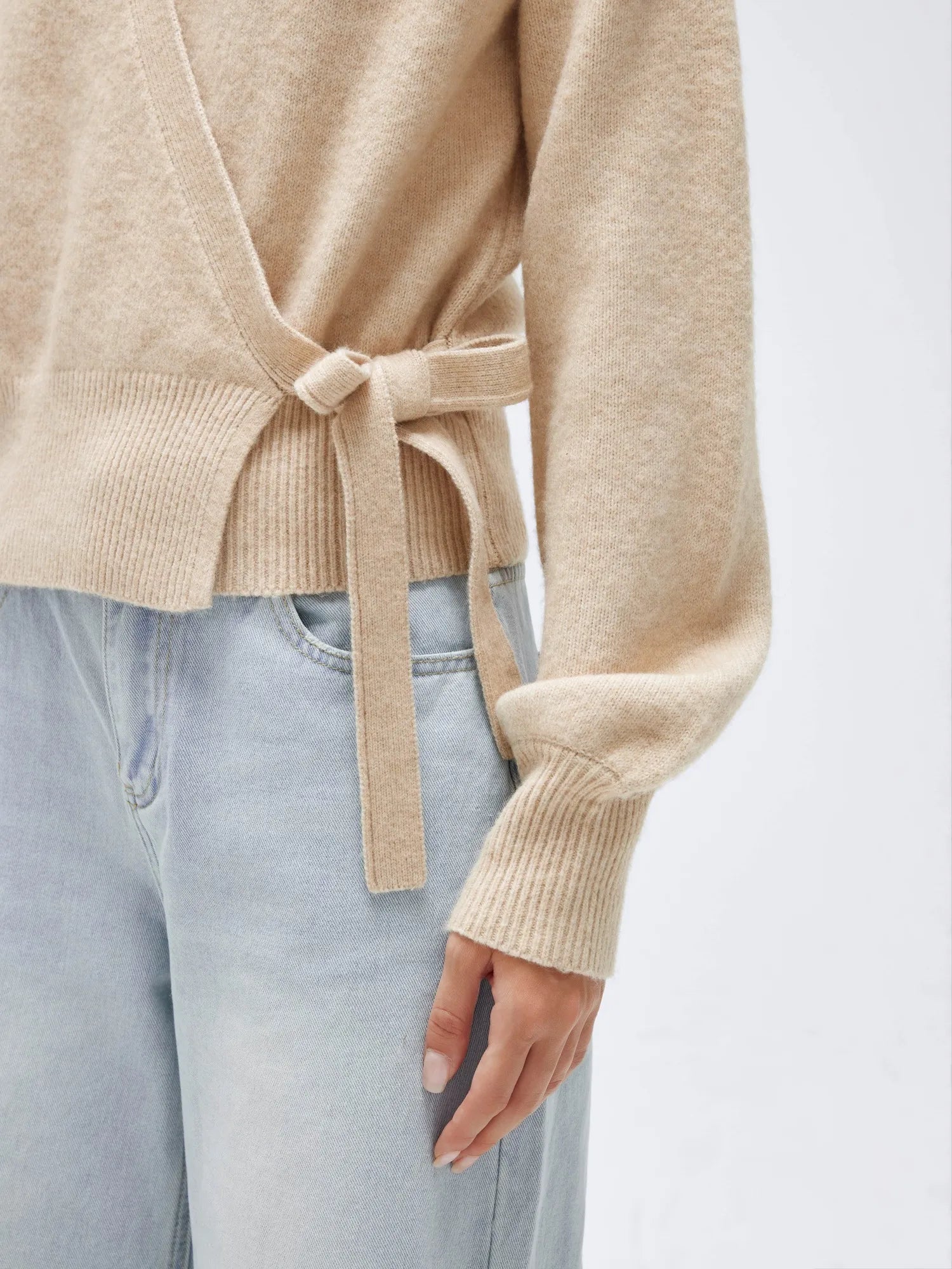 Wool V Neck Tie Waist Sweater - Long Sleeve-SUUKSESS-SUUKSESS