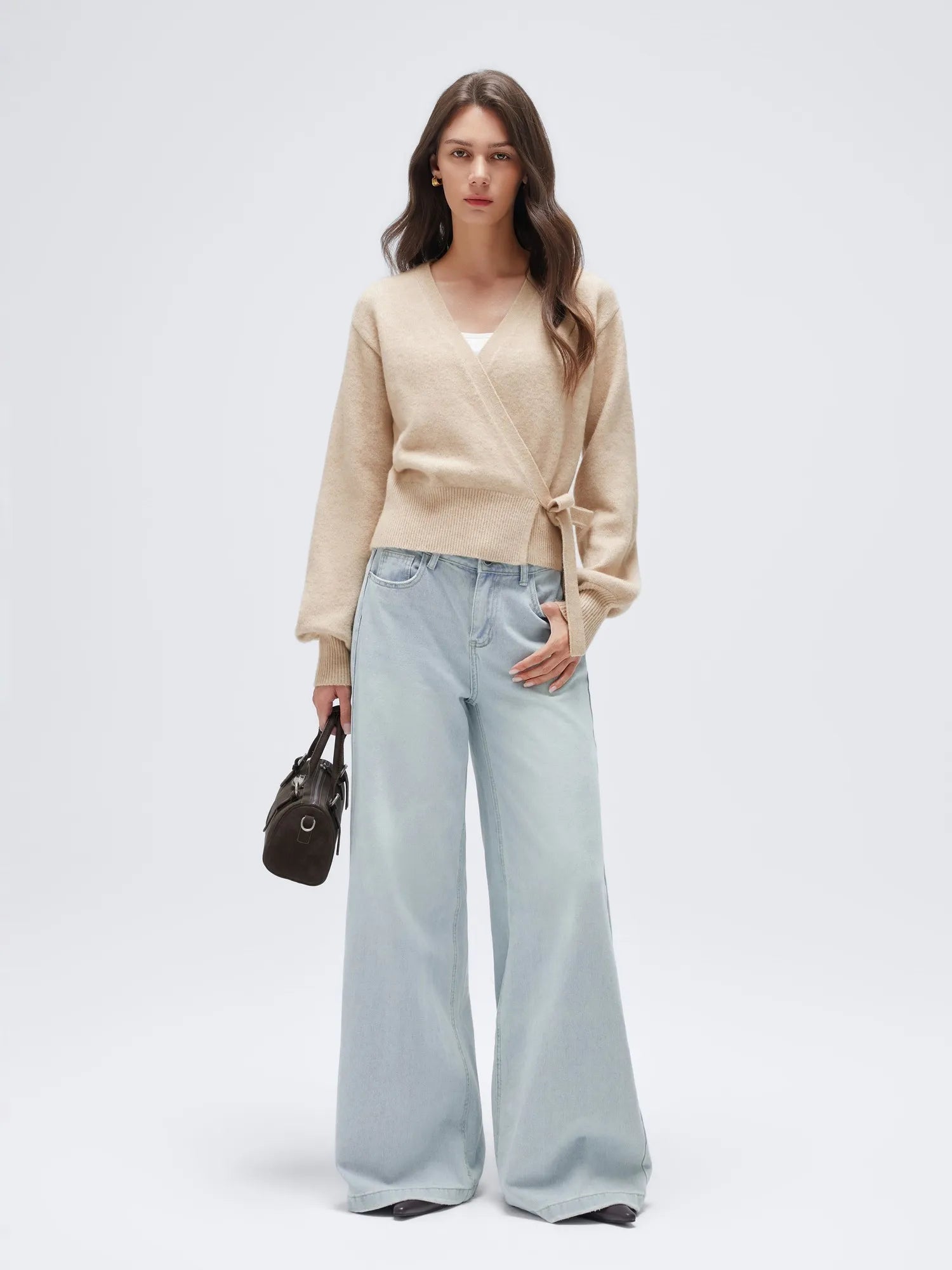 Wool V Neck Tie Waist Sweater - Long Sleeve-SUUKSESS-SUUKSESS