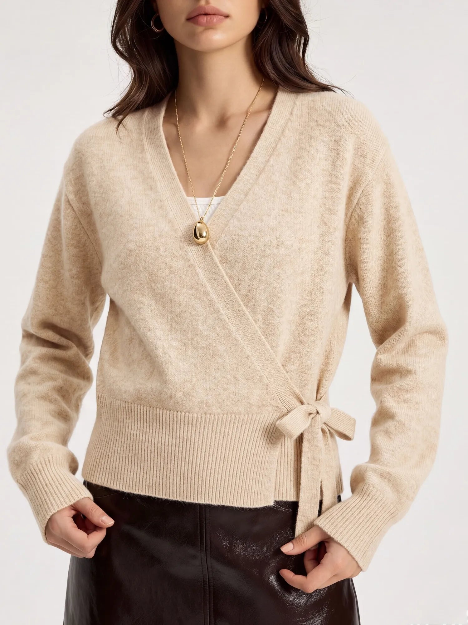 Wool V Neck Tie Waist Sweater - Long Sleeve-SUUKSESS-SUUKSESS