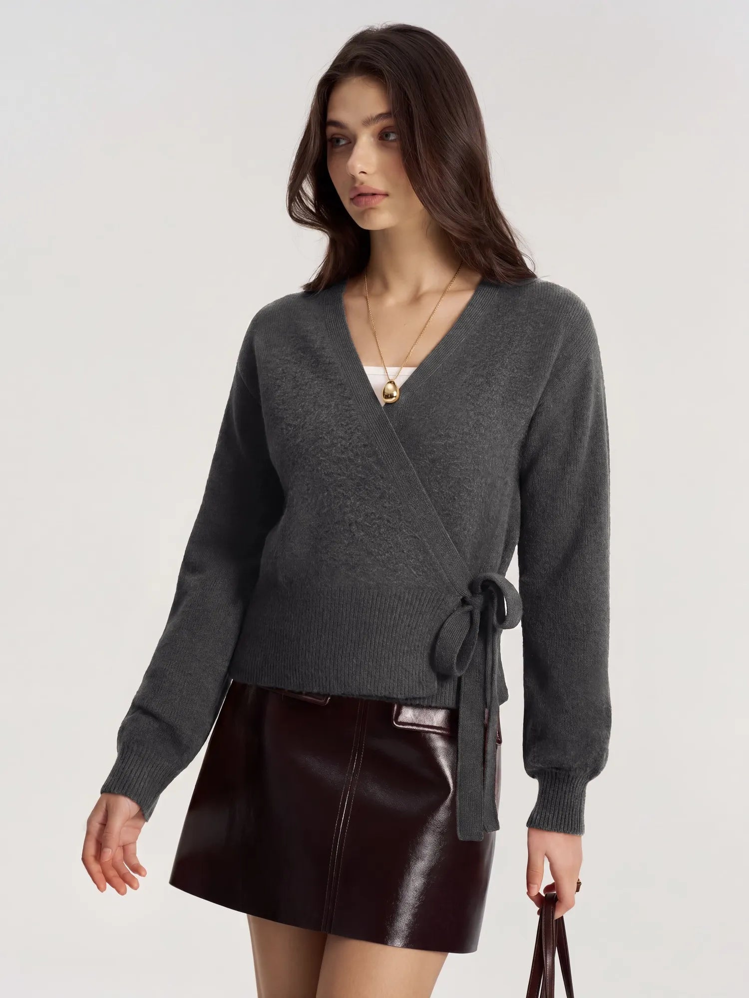 Wool V Neck Tie Waist Sweater - Long Sleeve-SUUKSESS-SUUKSESS