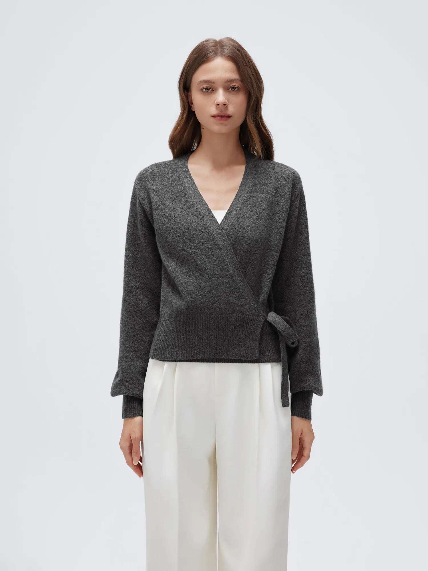 Wool V Neck Tie Waist Sweater - Long Sleeve-SUUKSESS-Grey-XS-SUUKSESS