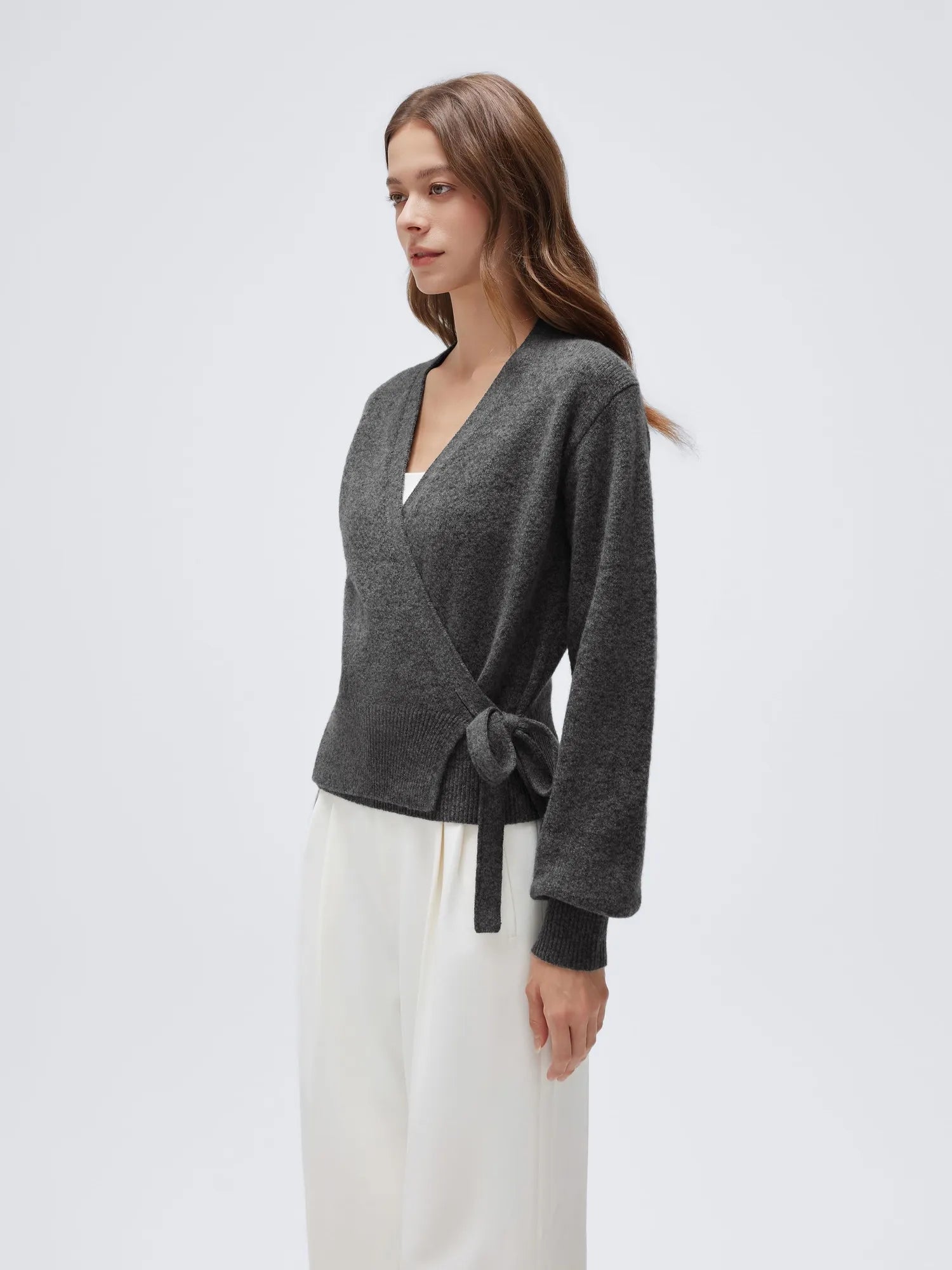 Wool V Neck Tie Waist Sweater - Long Sleeve-SUUKSESS-SUUKSESS