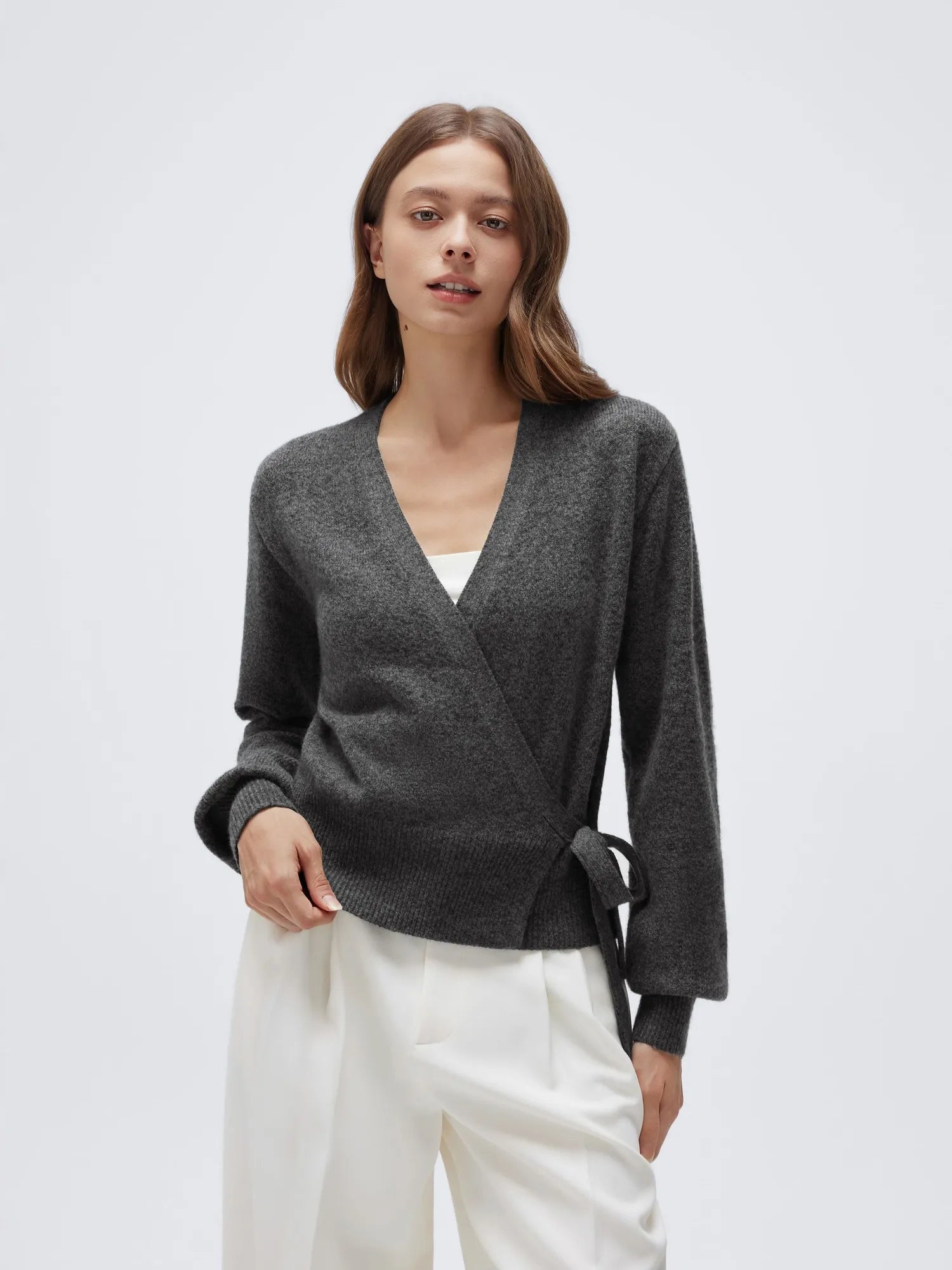 Wool V Neck Tie Waist Sweater - Long Sleeve-SUUKSESS-SUUKSESS