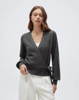 Wool V Neck Tie Waist Sweater - Long Sleeve-SUUKSESS-SUUKSESS