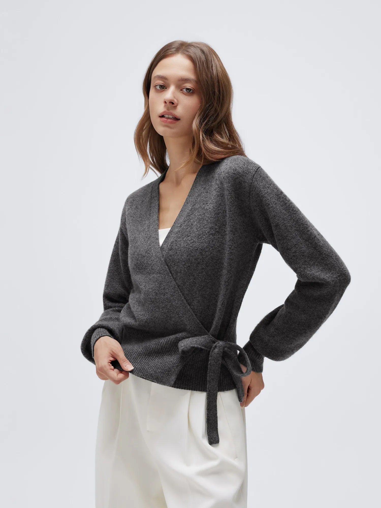 Wool V Neck Tie Waist Sweater - Long Sleeve-SUUKSESS-SUUKSESS