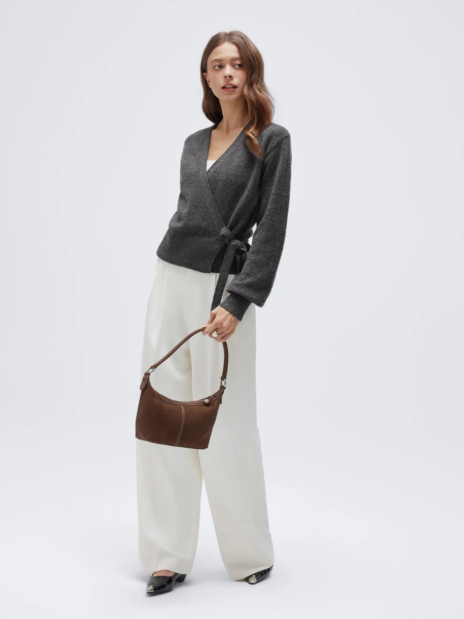 Wool V Neck Tie Waist Sweater - Long Sleeve-SUUKSESS-SUUKSESS
