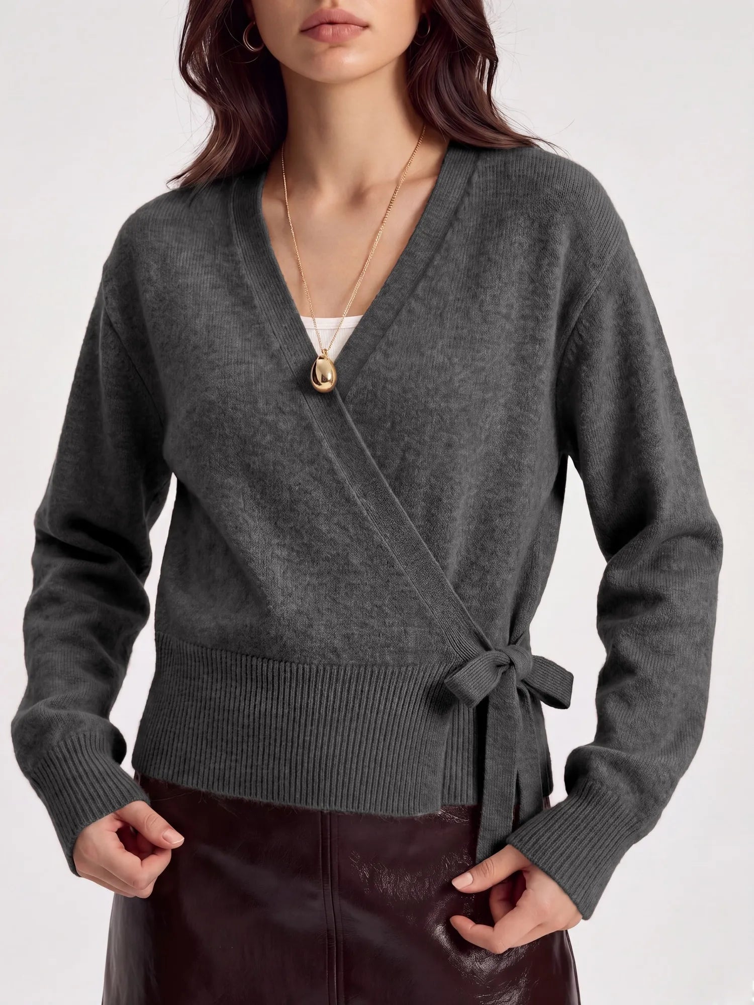 Wool V Neck Tie Waist Sweater - Long Sleeve-SUUKSESS-SUUKSESS