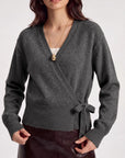 Wool V Neck Tie Waist Sweater - Long Sleeve-SUUKSESS-SUUKSESS