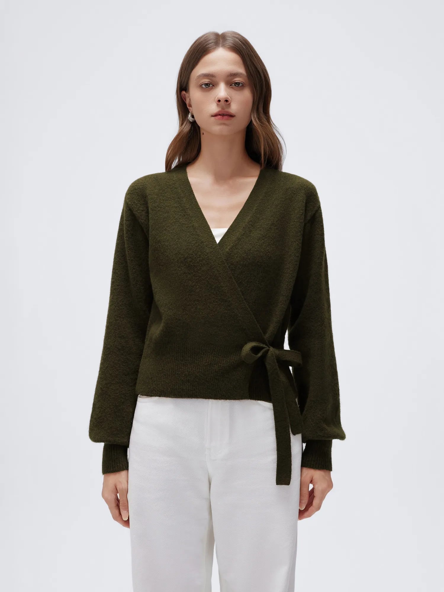 Wool V Neck Tie Waist Sweater - Long Sleeve-SUUKSESS-Green-XS-SUUKSESS