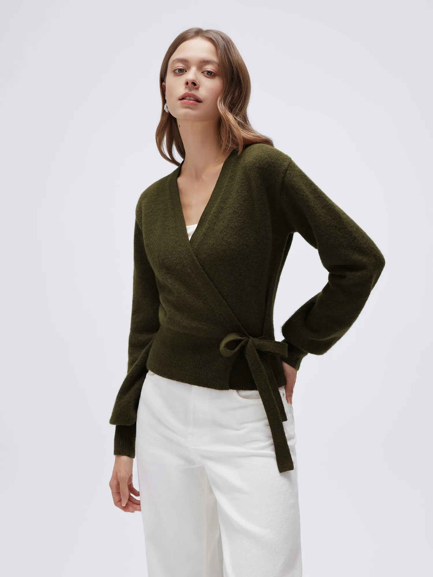 Wool V Neck Tie Waist Sweater - Long Sleeve-SUUKSESS-SUUKSESS