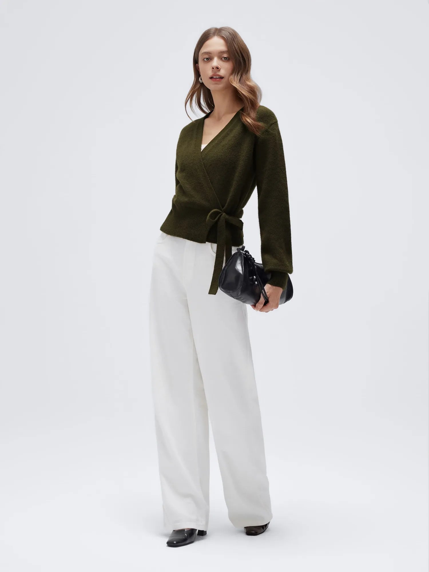 Wool V Neck Tie Waist Sweater - Long Sleeve-SUUKSESS-SUUKSESS