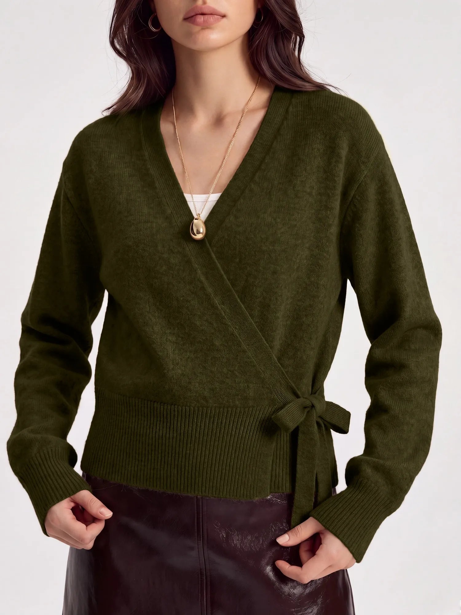 Wool V Neck Tie Waist Sweater - Long Sleeve-SUUKSESS-SUUKSESS