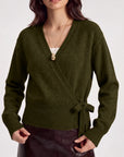 Wool V Neck Tie Waist Sweater - Long Sleeve-SUUKSESS-SUUKSESS