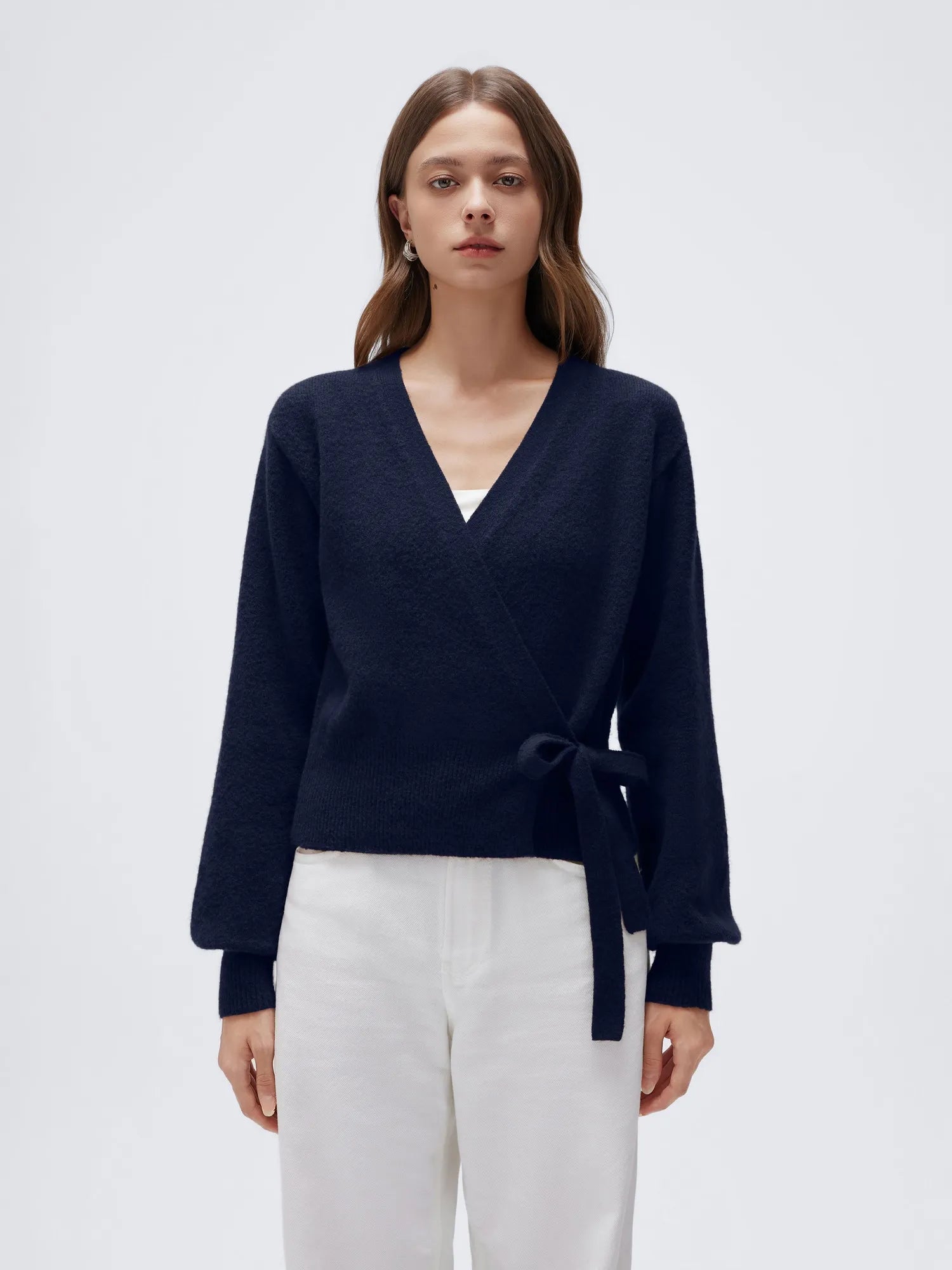 Wool V Neck Tie Waist Sweater - Long Sleeve-SUUKSESS-Navy-XS-SUUKSESS