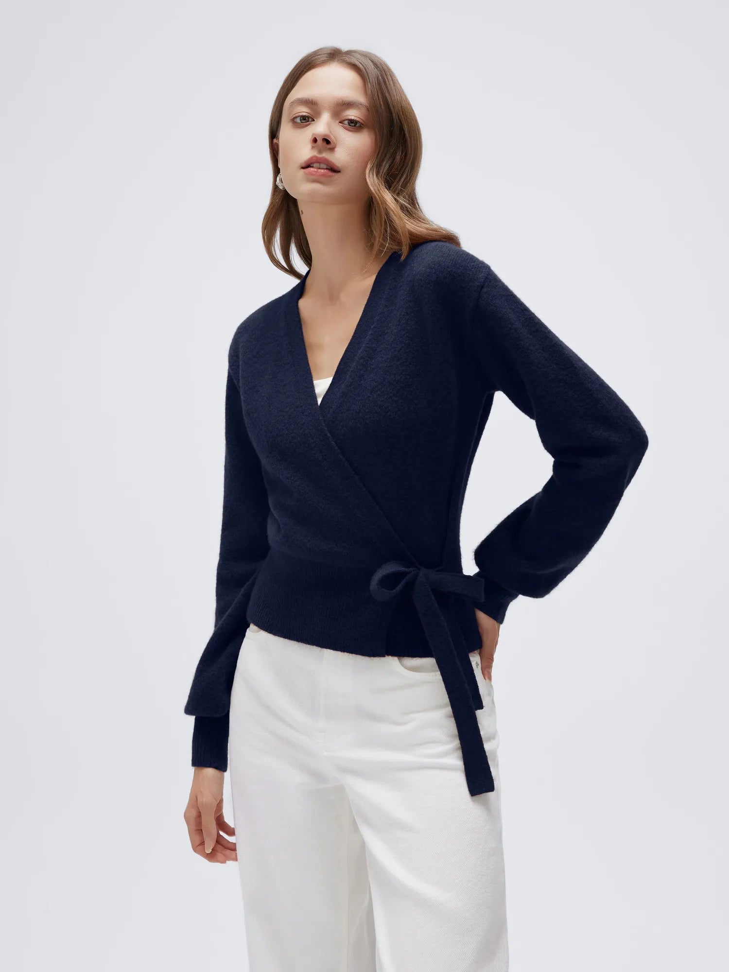 Wool V Neck Tie Waist Sweater - Long Sleeve-SUUKSESS-SUUKSESS