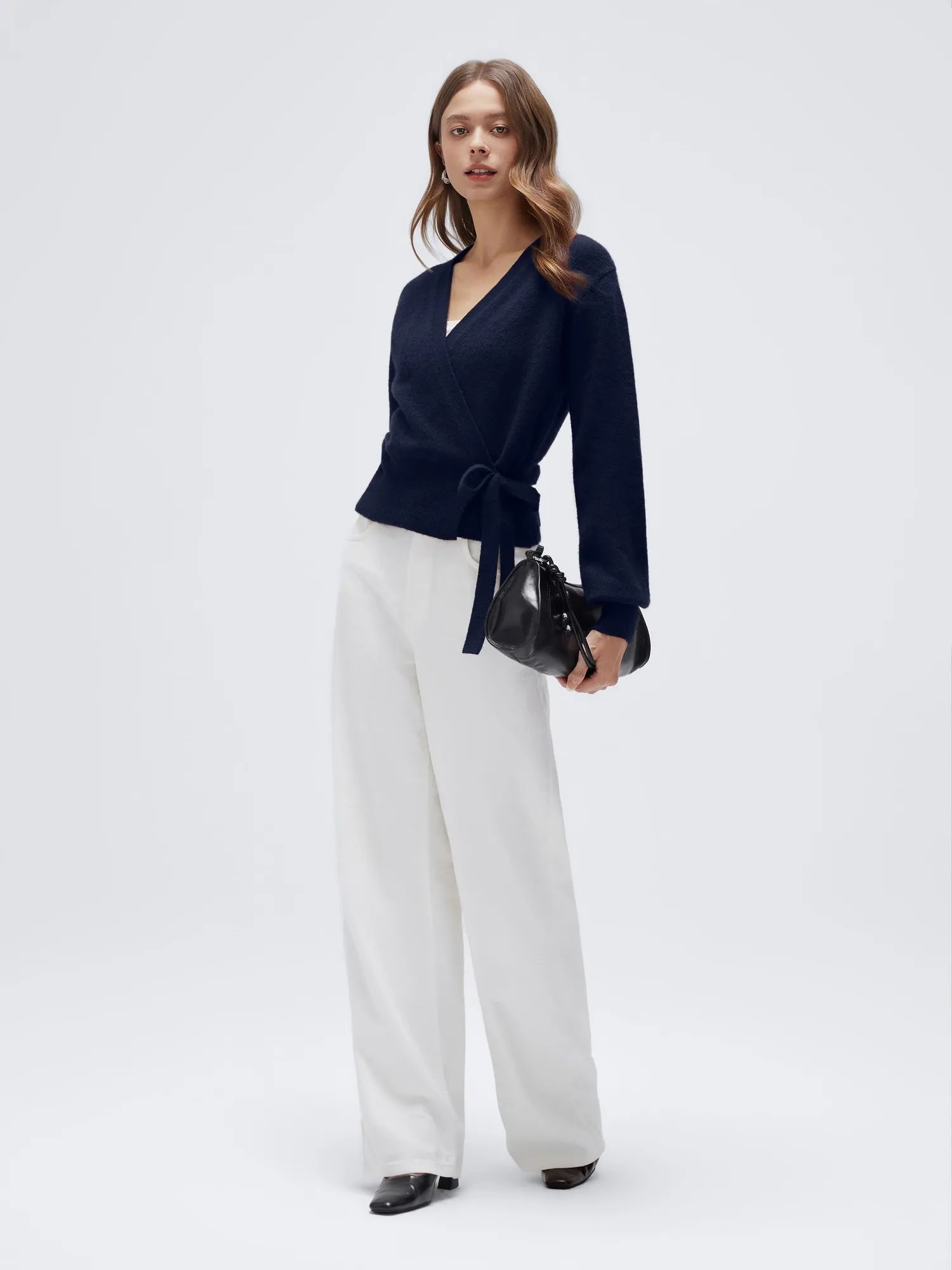 Wool V Neck Tie Waist Sweater - Long Sleeve-SUUKSESS-SUUKSESS
