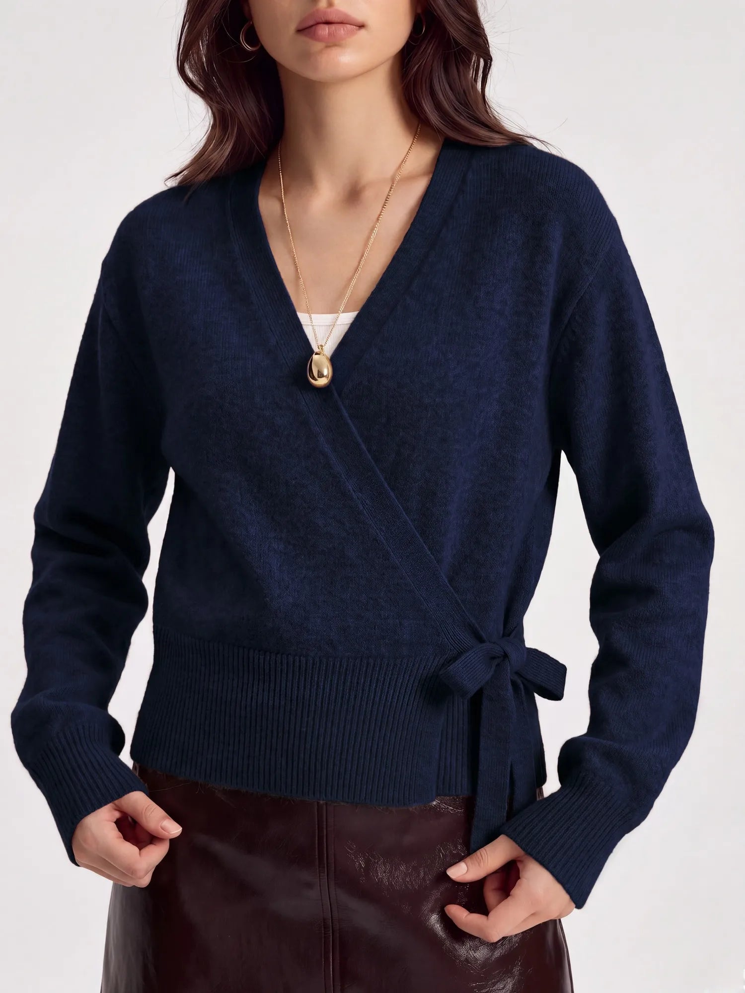 Wool V Neck Tie Waist Sweater - Long Sleeve-SUUKSESS-SUUKSESS
