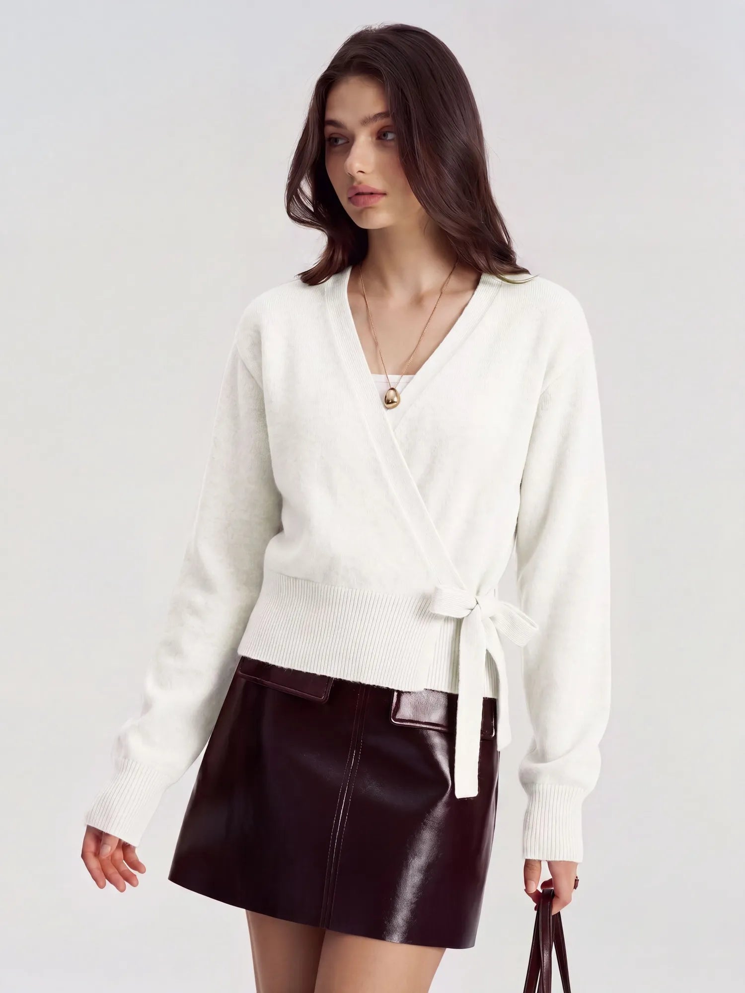 Wool V Neck Tie Waist Sweater - Long Sleeve-SUUKSESS-SUUKSESS