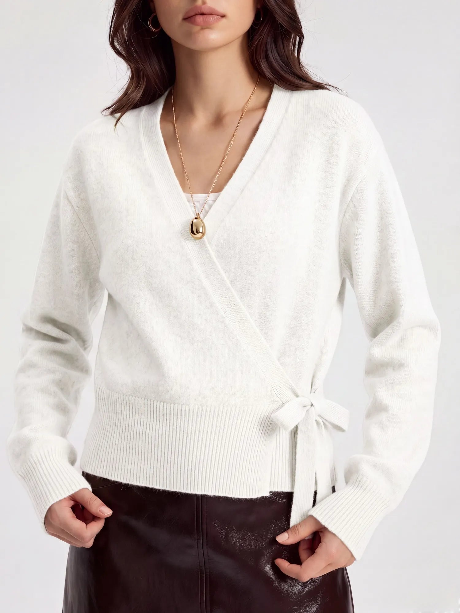 Wool V Neck Tie Waist Sweater - Long Sleeve-SUUKSESS-SUUKSESS