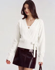 Wool V Neck Tie Waist Sweater - Long Sleeve-SUUKSESS-SUUKSESS