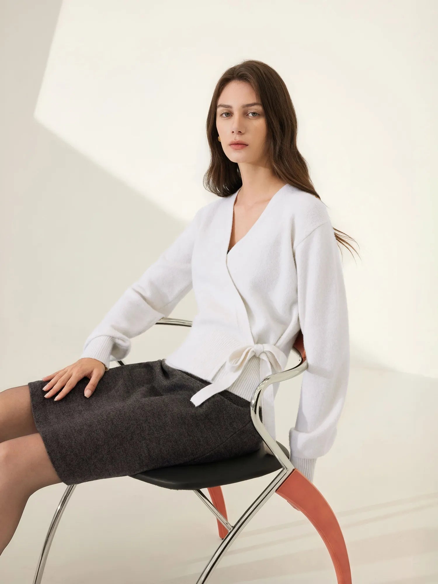 Wool V Neck Tie Waist Sweater - Long Sleeve-SUUKSESS-SUUKSESS