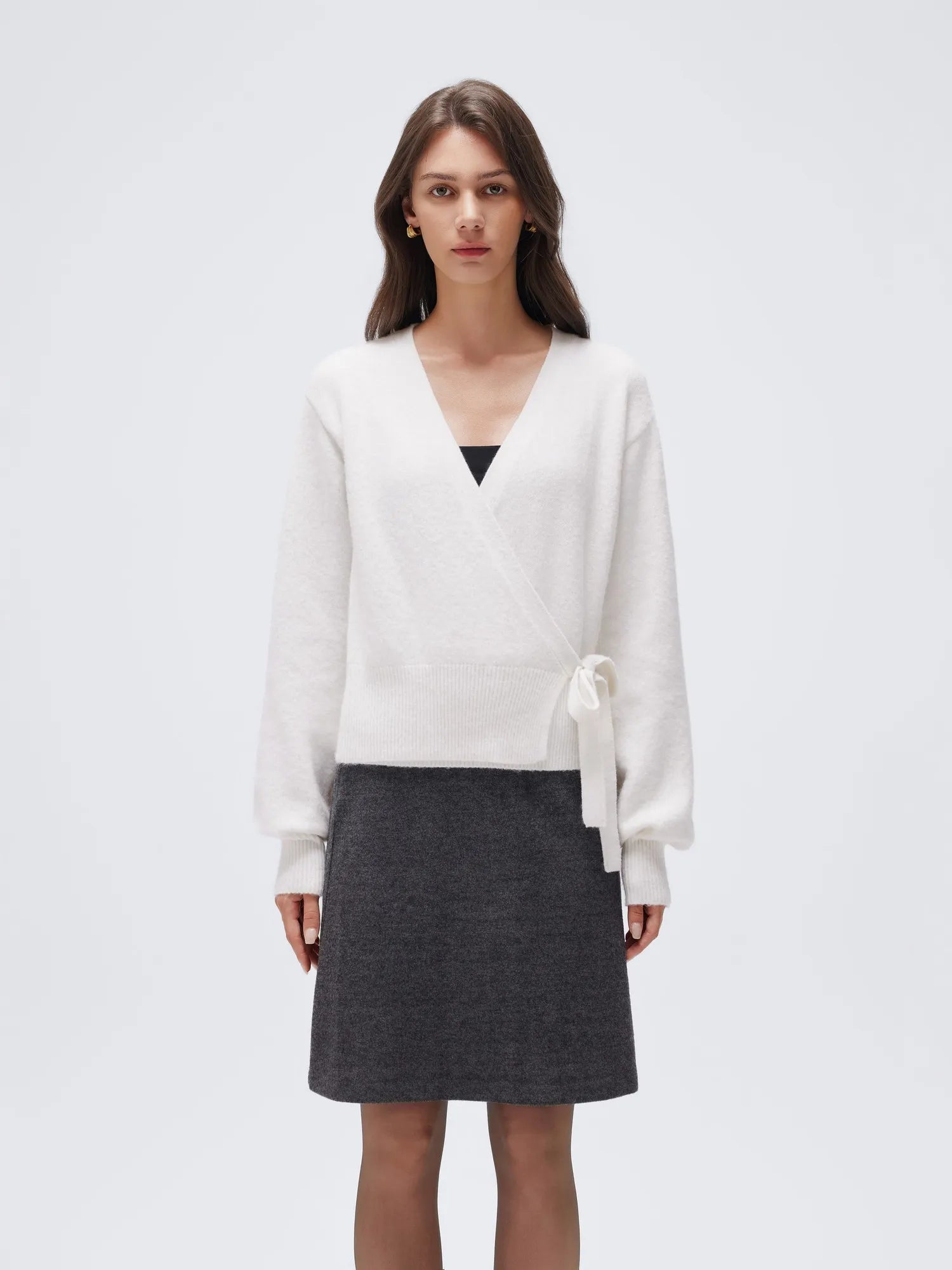 Wool V Neck Tie Waist Sweater - Long Sleeve-SUUKSESS-White-XS-SUUKSESS
