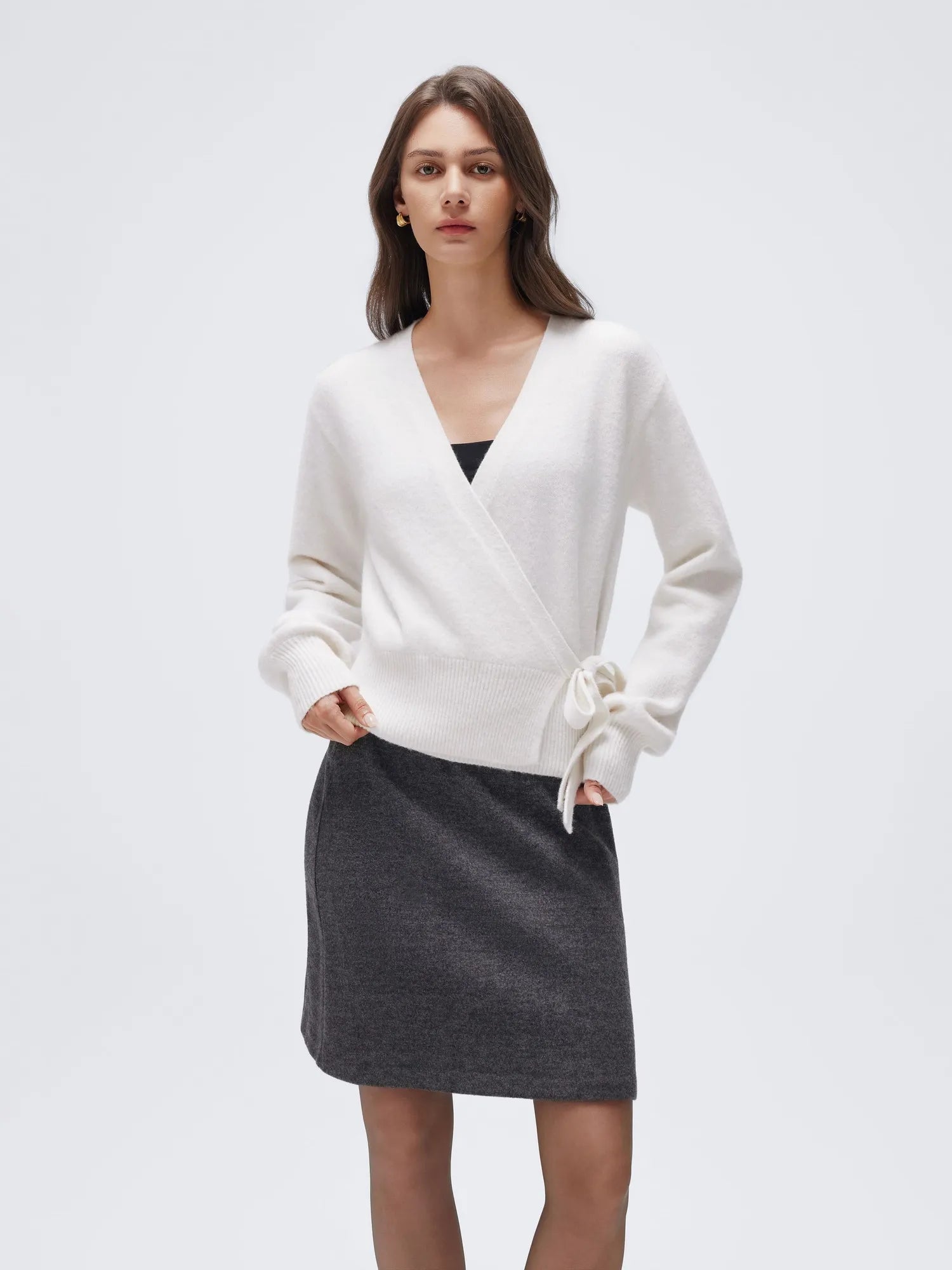 Wool V Neck Tie Waist Sweater - Long Sleeve-SUUKSESS-SUUKSESS