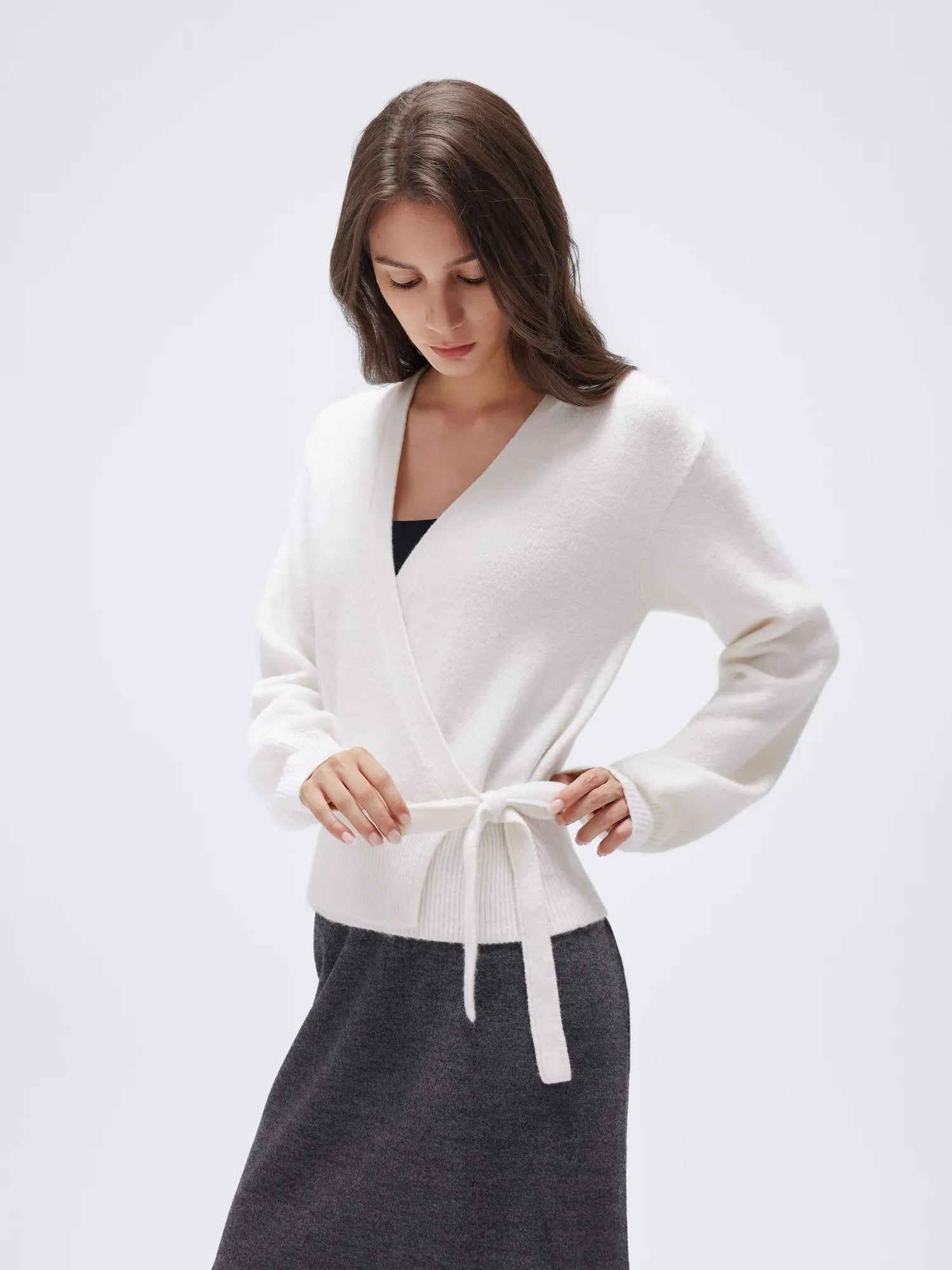 Wool V Neck Tie Waist Sweater - Long Sleeve-SUUKSESS-SUUKSESS