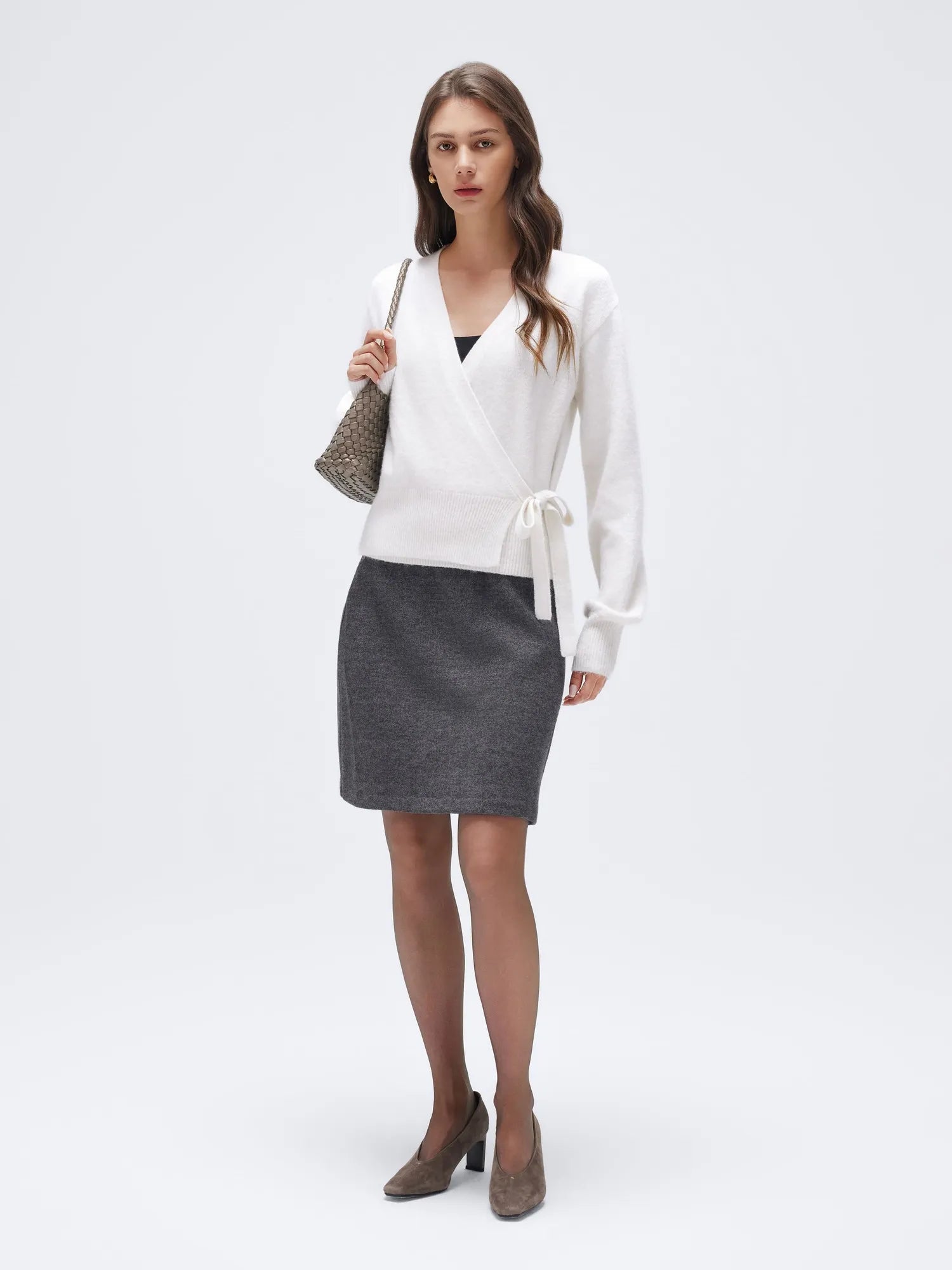 Wool V Neck Tie Waist Sweater - Long Sleeve-SUUKSESS-SUUKSESS