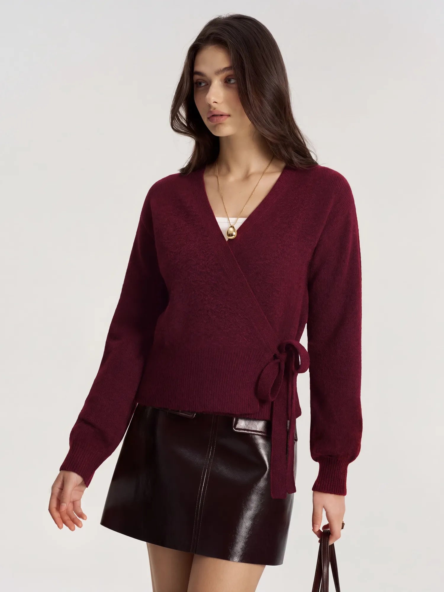 Wool V Neck Tie Waist Sweater - Long Sleeve-SUUKSESS-SUUKSESS