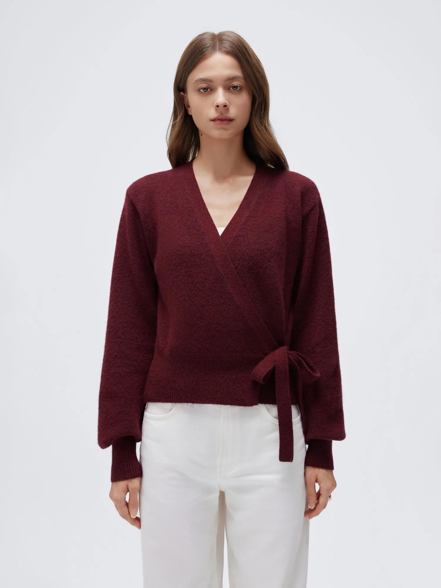 Wool V Neck Tie Waist Sweater - Long Sleeve-SUUKSESS-Wine-XS-SUUKSESS