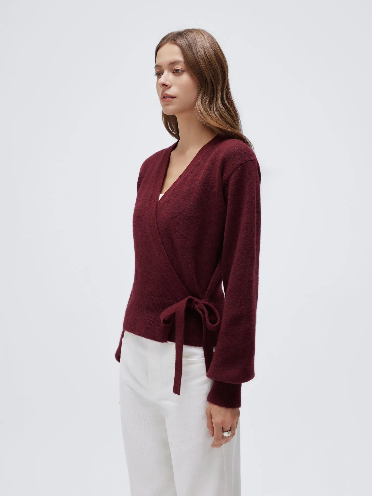 Wool V Neck Tie Waist Sweater - Long Sleeve-SUUKSESS-SUUKSESS