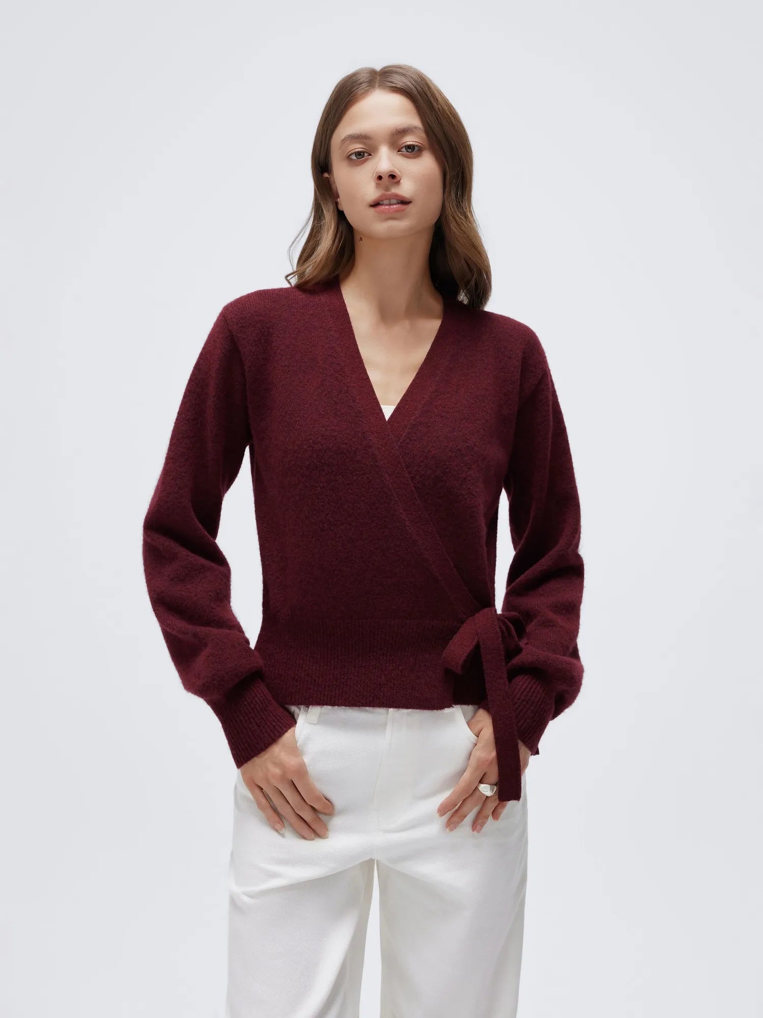 Wool V Neck Tie Waist Sweater - Long Sleeve-SUUKSESS-SUUKSESS