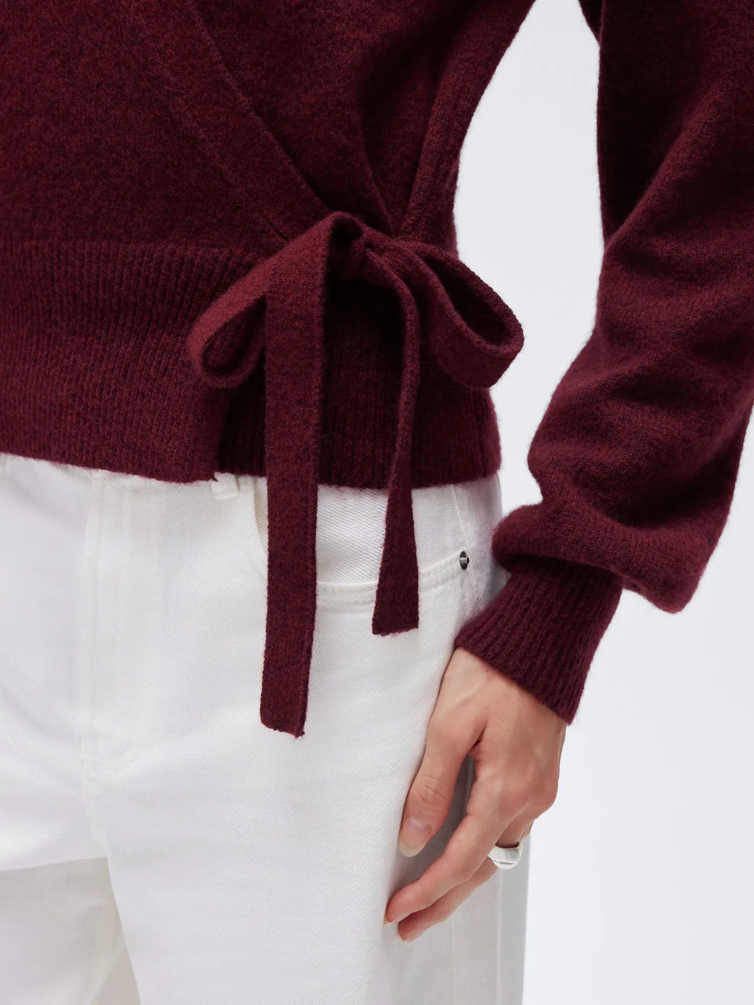 Wool V Neck Tie Waist Sweater - Long Sleeve-SUUKSESS-SUUKSESS