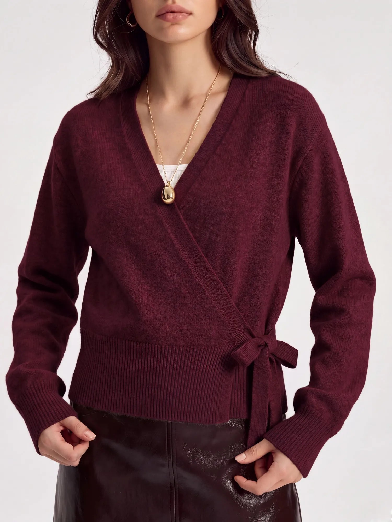 Wool V Neck Tie Waist Sweater - Long Sleeve-SUUKSESS-SUUKSESS