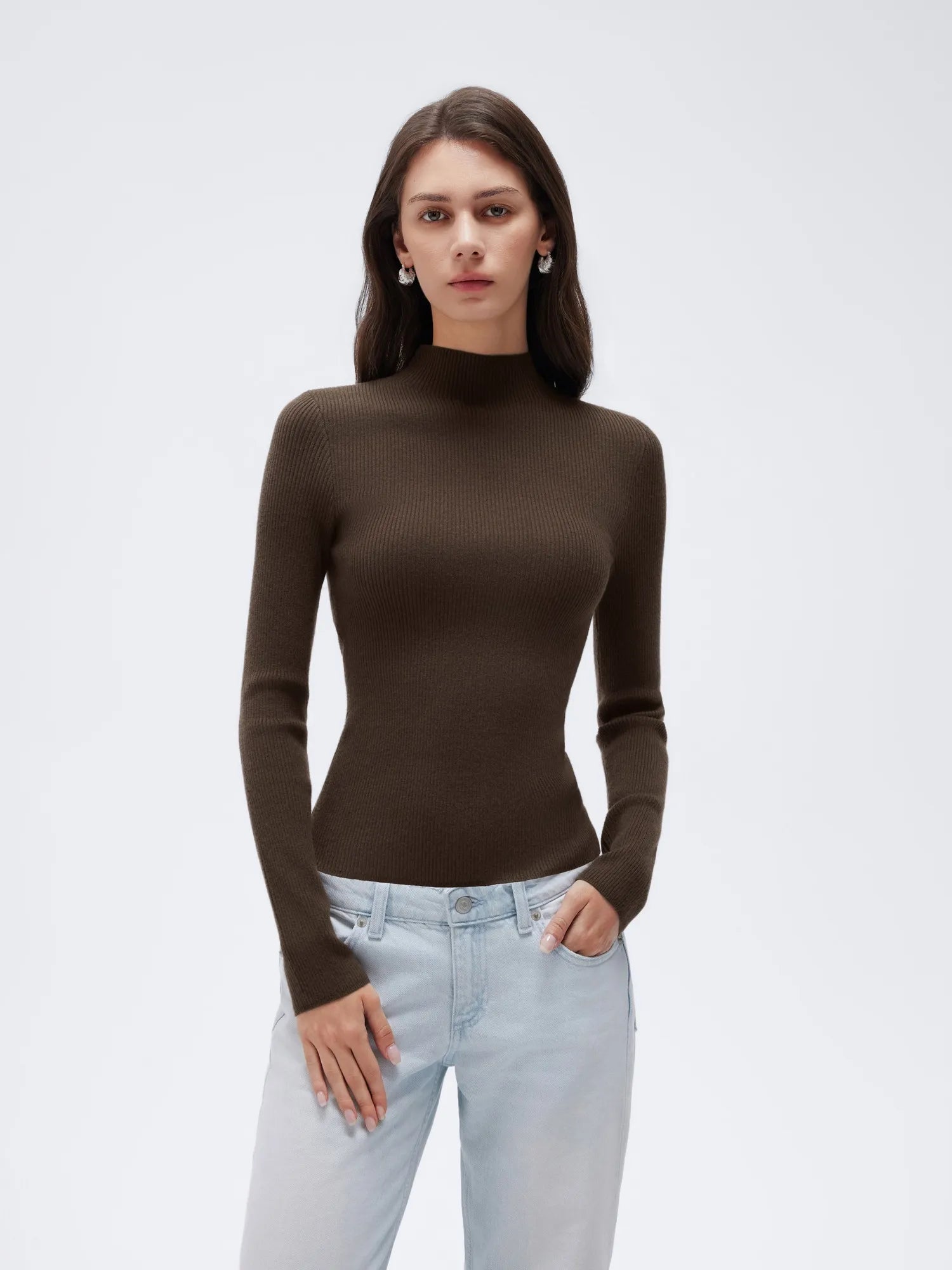 Cashmere Mock Turtleneck Shirt - Long Sleeve-SUUKSESS-Brown-XS-SUUKSESS