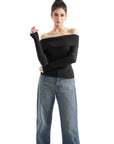 Ribbed Off Shoulder Sweater Shirt - Long Sleeve-SUUKSESS-Black-XS-SUUKSESS