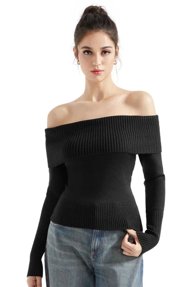 Ribbed Off Shoulder Sweater Shirt - Long Sleeve-SUUKSESS-SUUKSESS